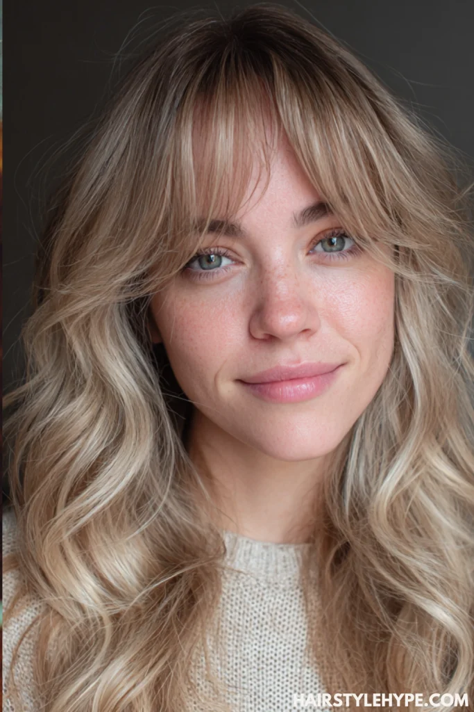 Butter Blonde Highlights with Curtain Bangs