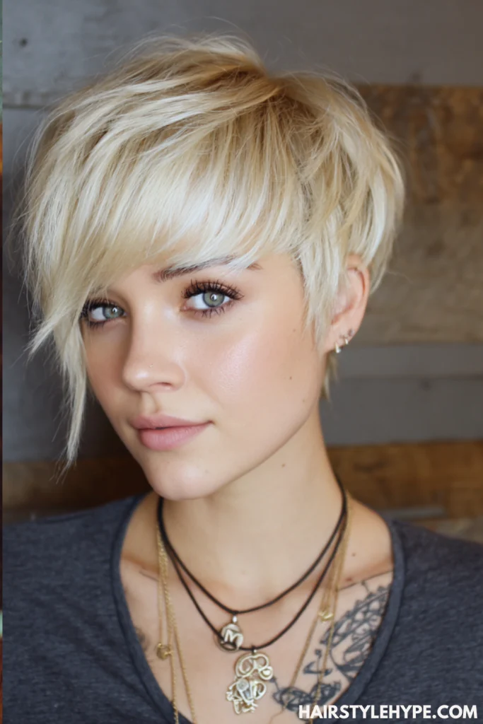 Butter Blonde Pixie with Long Bangs