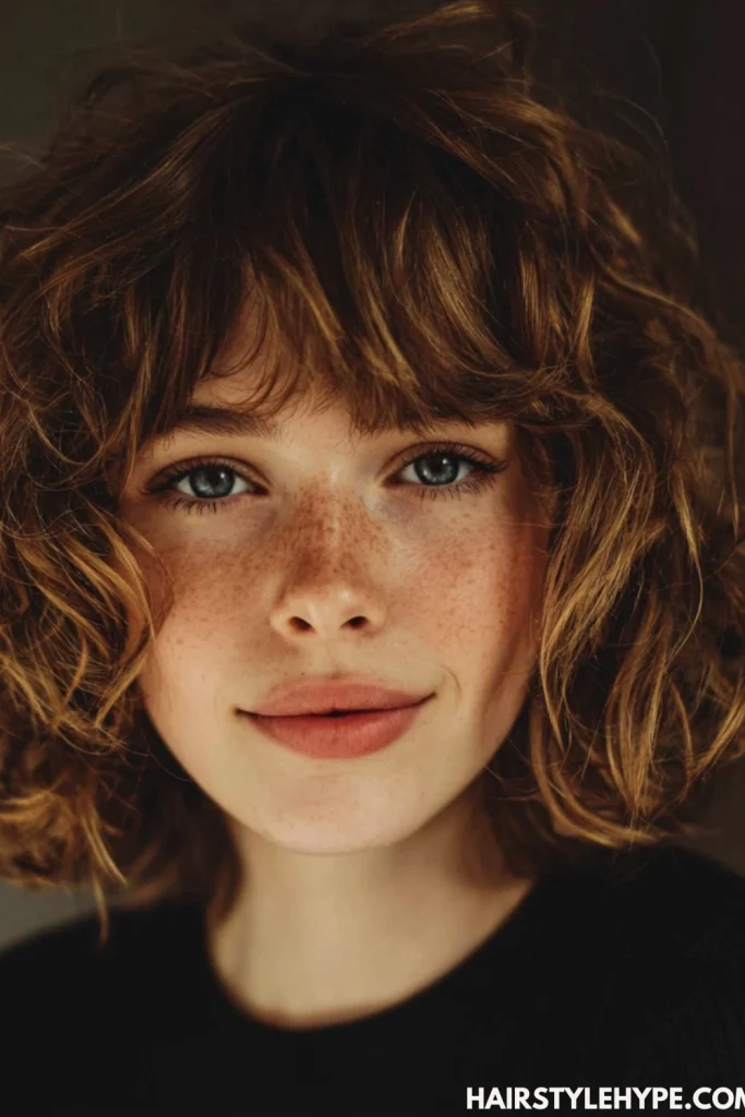 Curly Bob with Curtain Bangs