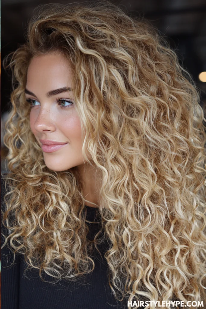 Curly Hair with Butter Blonde Highlights