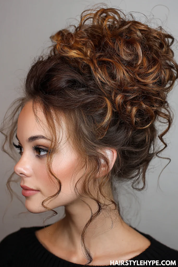 High Messy Bun with Statement Curls