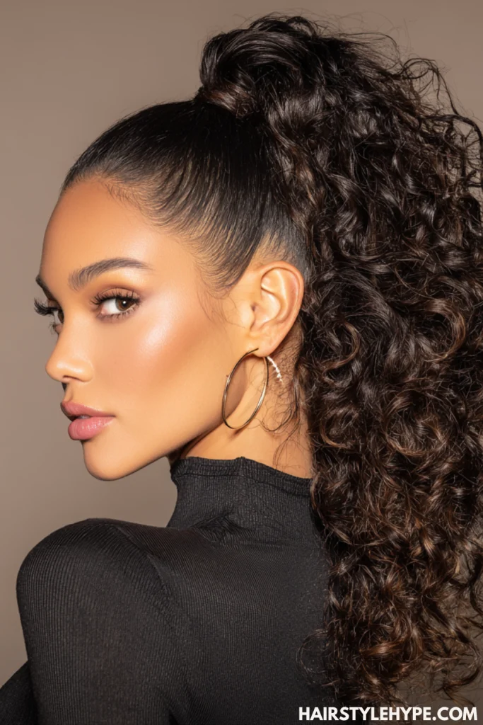 High Sleek Ponytail with Curly Ends