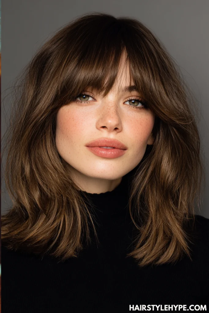 Kitty Cut with Curtain Bangs on Brunette Hair