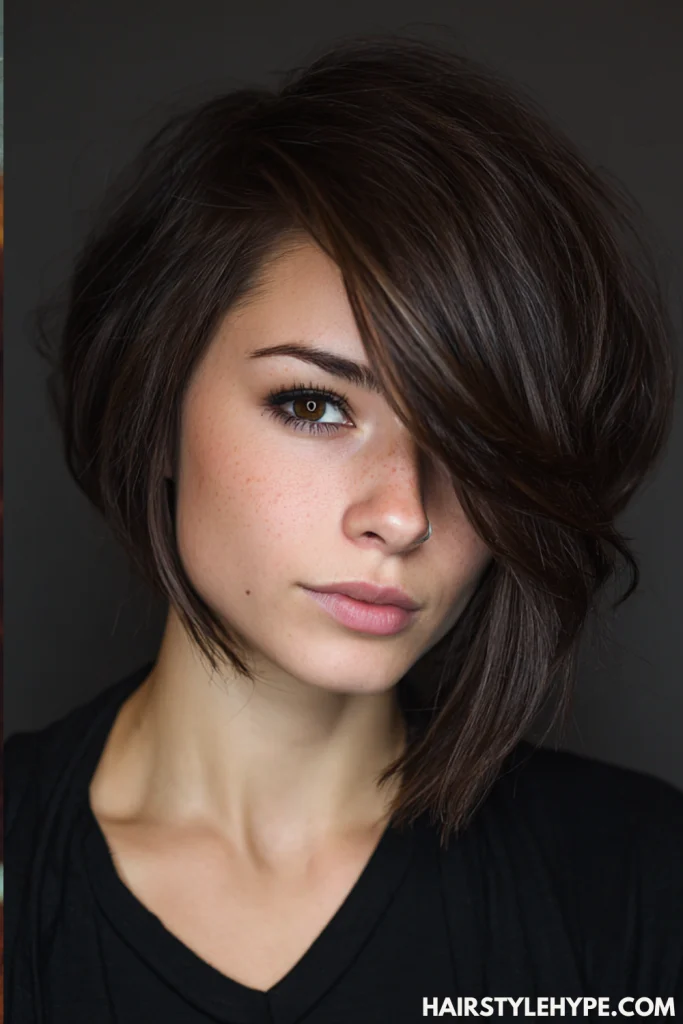 Kitty Cut with Side Part on Dark Brown Hair