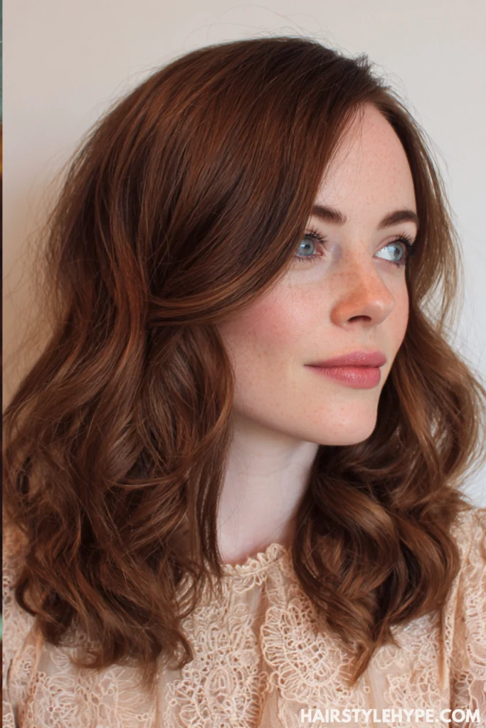 Kitty Cut with Tousled Waves on Warm Brunette