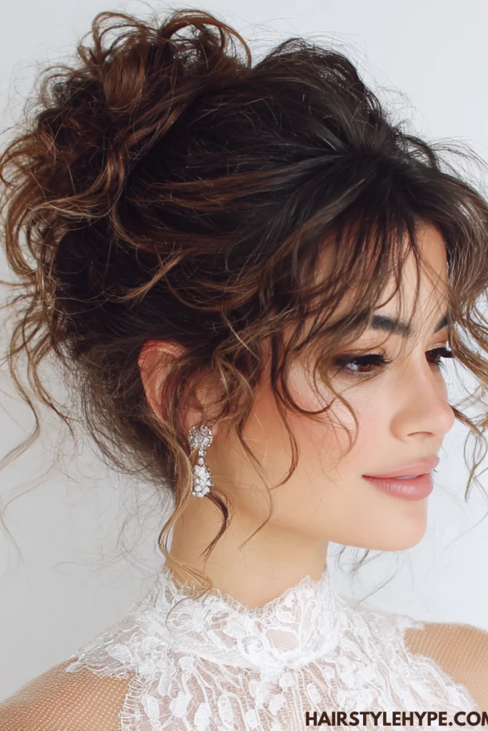 Messy Curly Bun with Face-Framing Curls