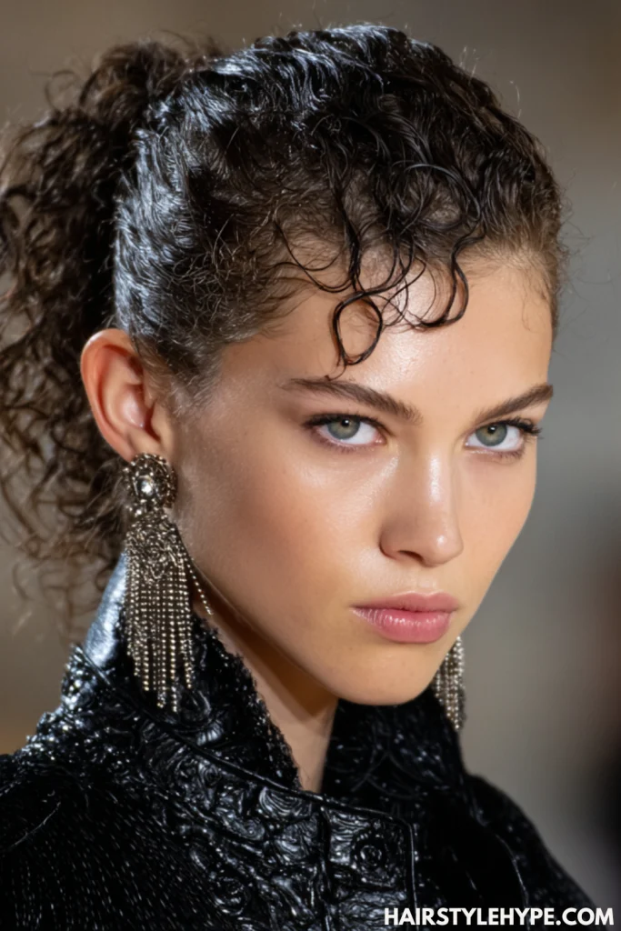 Slicked-Back Curly Bun with Statement Edges
