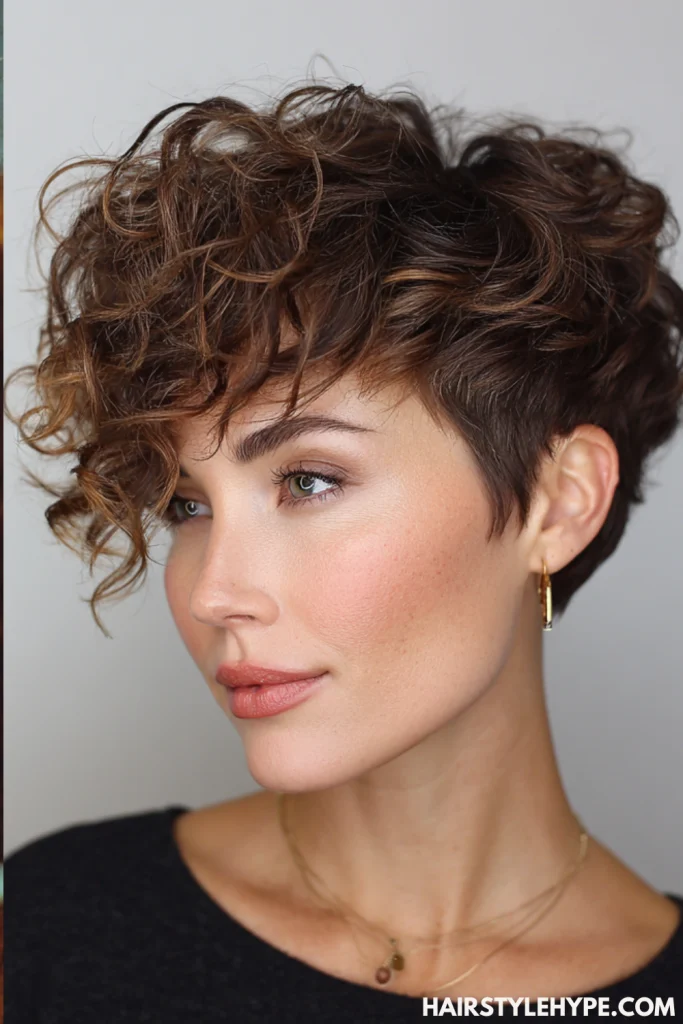 Voluminous Curly Pixie with Tapered Sides