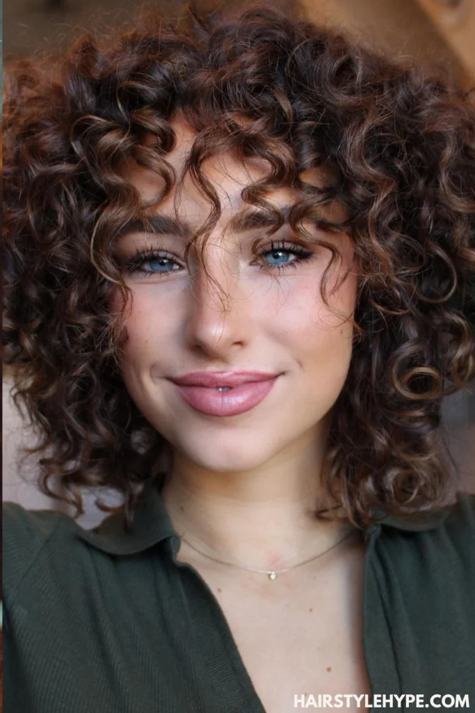 Kitty Cut Curly Hair with Wispy Bangs