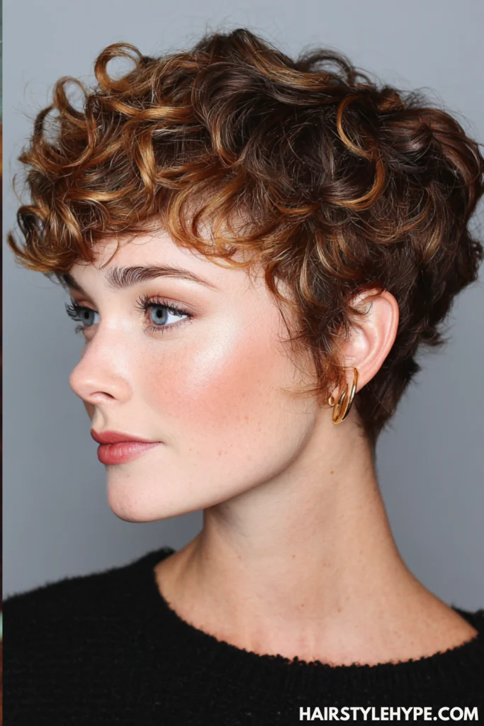 Tapered Curly Pixie with Curly Bangs