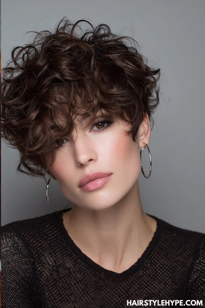  Tousled Curly Pixie with Long Bangs