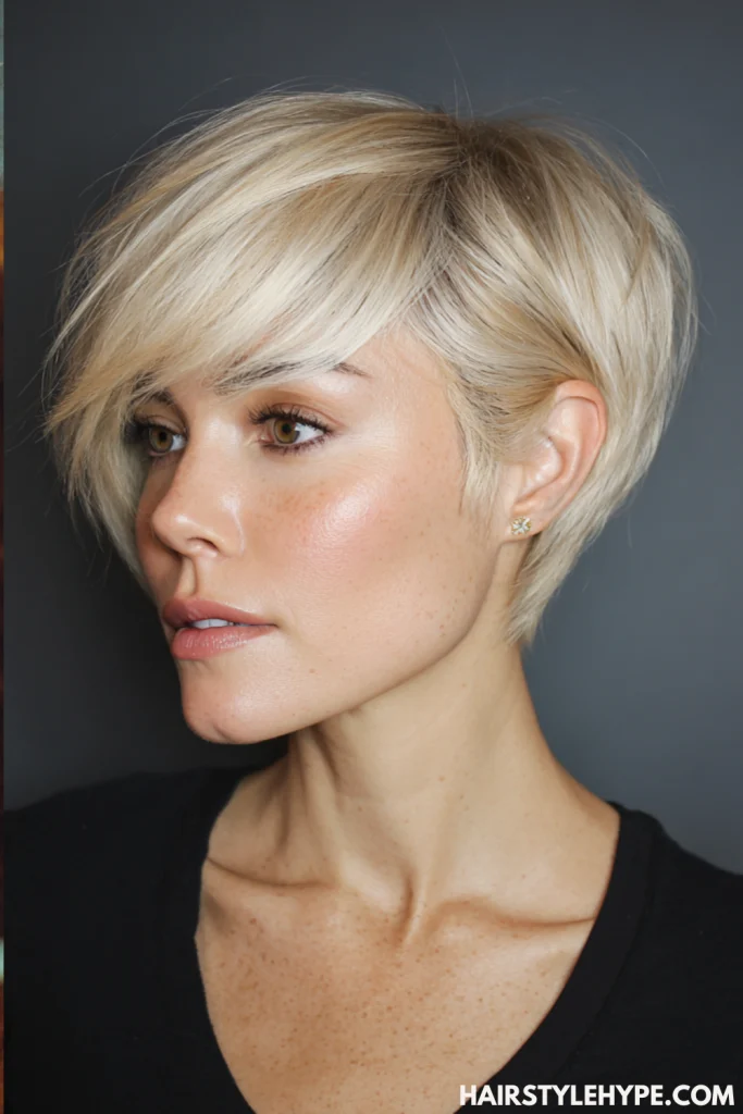  Short Kitty Cut with Side Part.