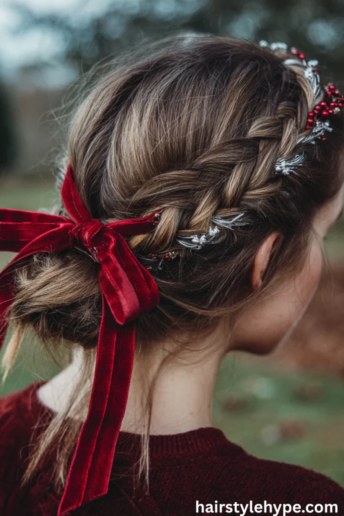 Braided Crown with Holiday Ribbon