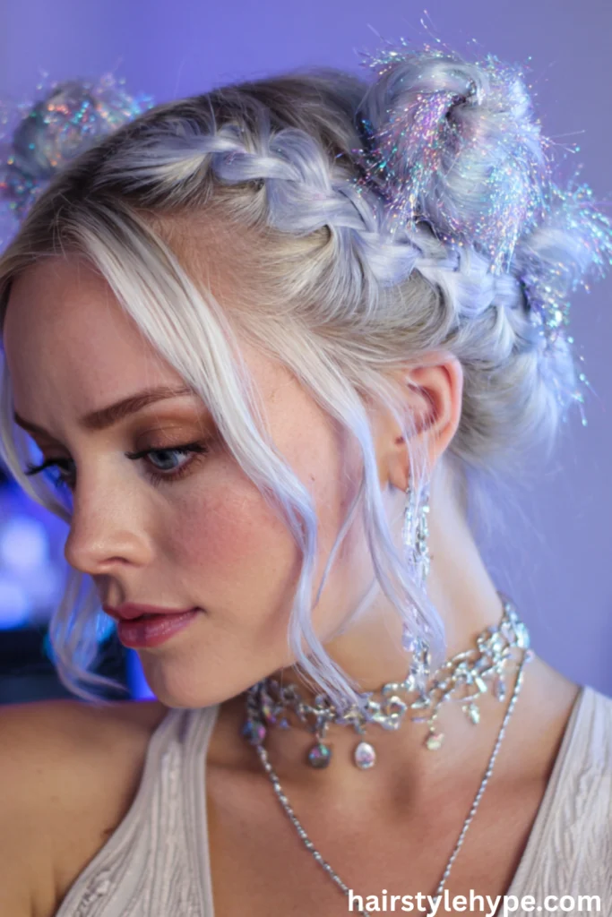 Braided Space Buns with Sparkly Hair Tinsel