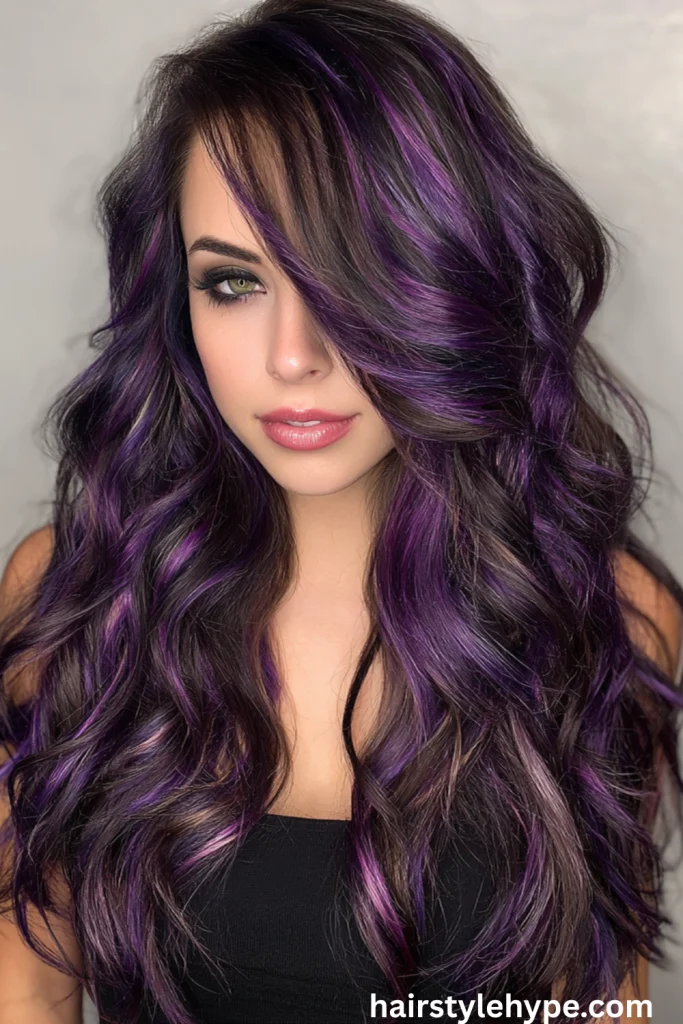 Long Black Hair With Purple Highlights for a Bold, Royal Glow