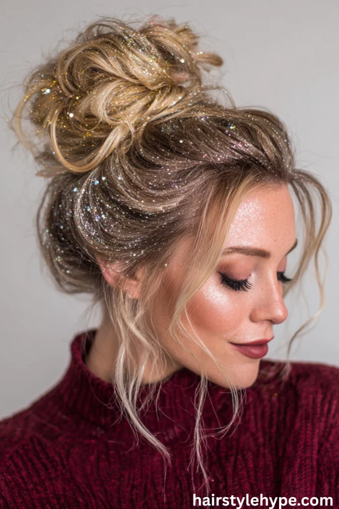 Messy Bun with Glitter Spray