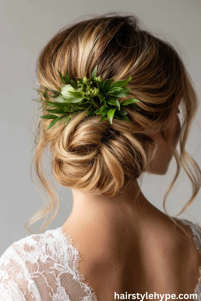 Romantic Bun with Greenery Accent