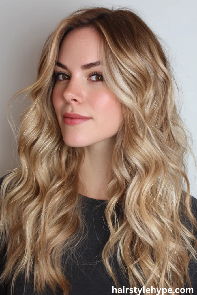 Shimmery Loose Waves with Gold Leaf Highlights