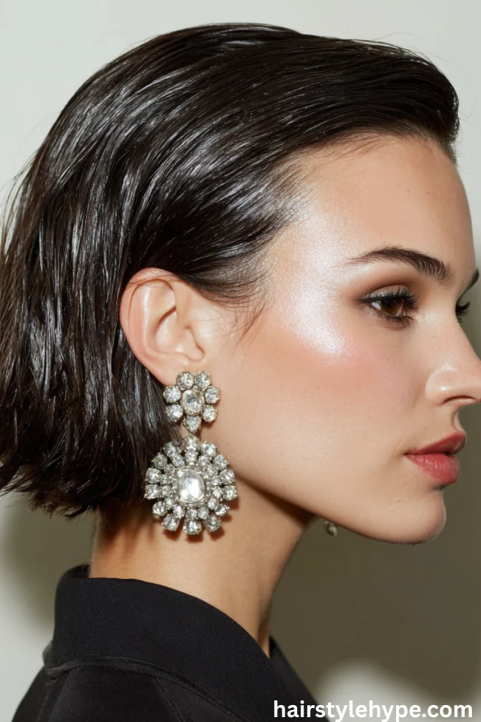 Shiny Slicked-Back Bob with Statement Earrings