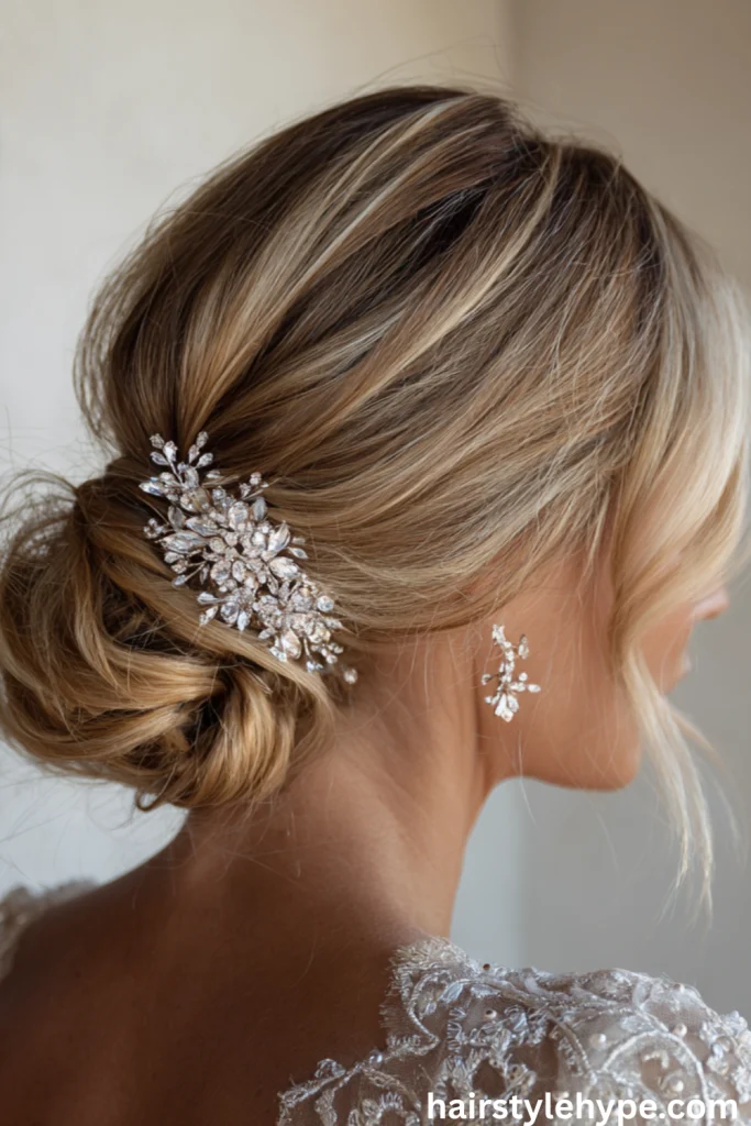 Sparkling Low Bun with Crystal Hairpins