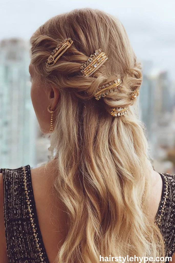 Twisted Half-Up Hairstyle with Gold Clips