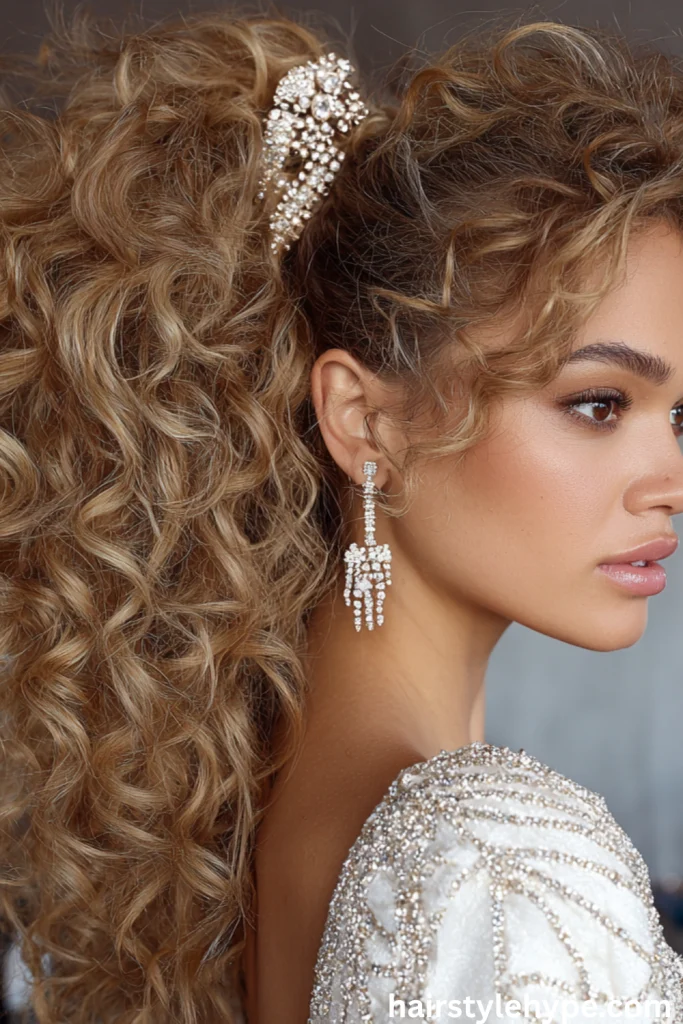 Voluminous Curly Ponytail with Rhinestone Clips